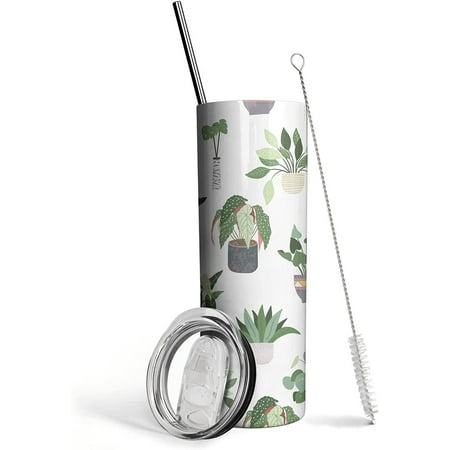 

Athenstics Plant Print Skinny Tumbler With Lid and Straw - 20 oz Insulated Stainless Steel pot plant Travel Cup - Double Wall Coffee Mug - Birthday Gifts for Mom Sister Friends Women