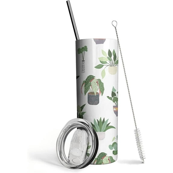 Mhrevyi Plant Print Skinny Tumbler With Lid and Straw - 20 oz Insulated Stainless Steel pot plant Travel Cup - Double Wall Coffee Mug - Birthday Gifts for Mom, Sister, Friends, Women