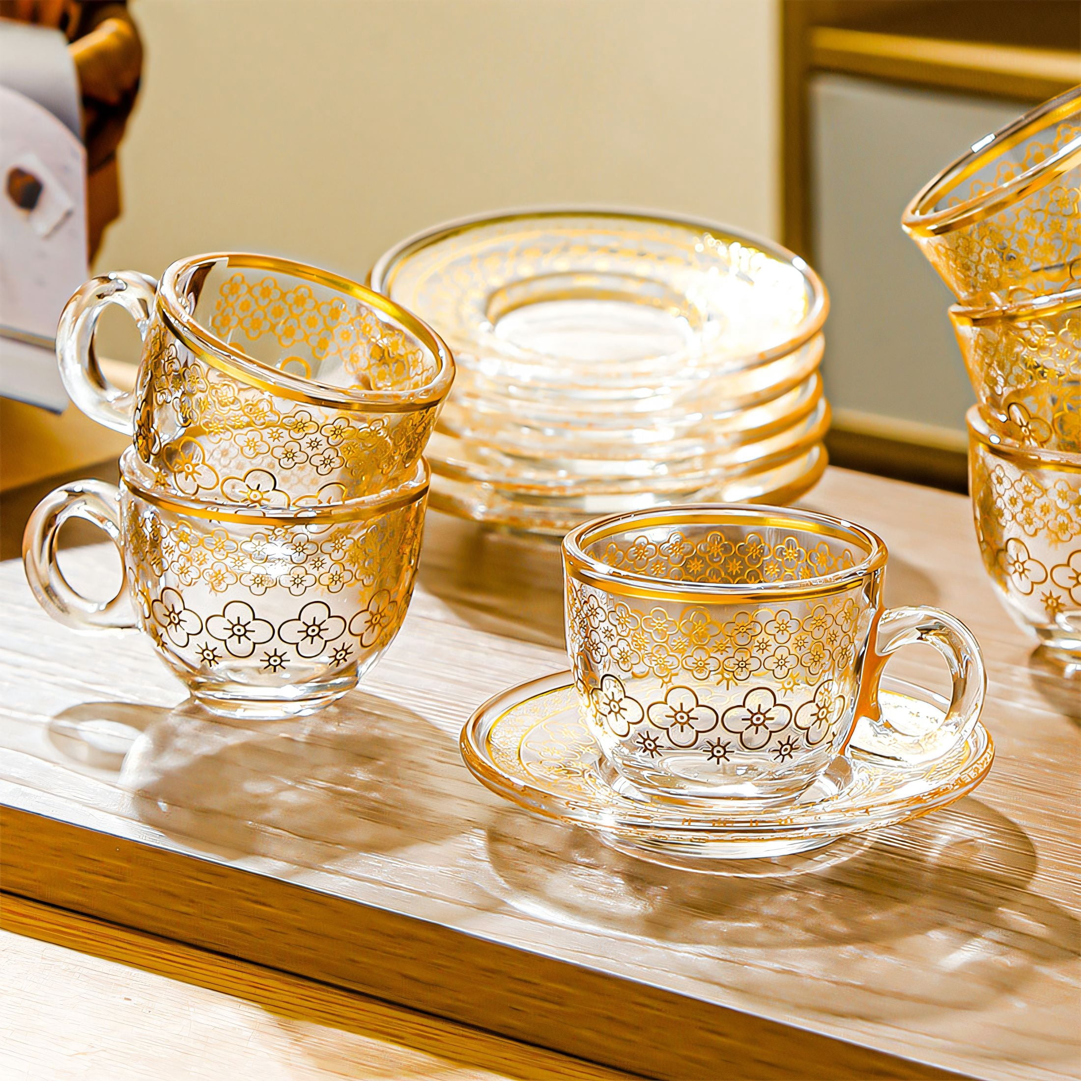 ACDANC Coffee Mug Set,3.38 Fl Oz Nordic Style Glass Tea Cups and Saucers,Gilded Accents Espresso Cup