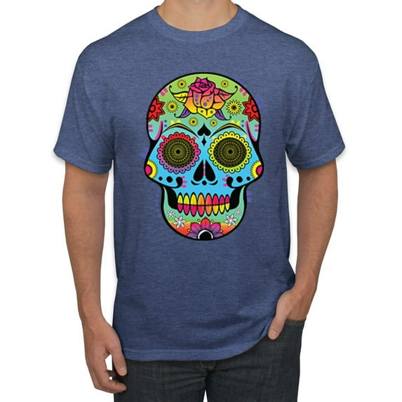 Wild Bobby, Colorful Floral Sugar Skull Streetwear Men's Graphic T-Shirt, Vintage Heather Blue, 4XL