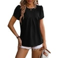 thumbnail image 3 of SHIBEVER Womens Tops Petal Sleeve T Shirts Summer Crew Neck Casual Short Sleeve Tee Fashion Pleated Tops Loose Ladies Blouses Solid Color Black Size M, 3 of 5