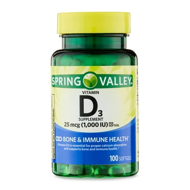 Spring Valley Vitamin D3 Supplement Softgels for Bone and Immune Health, 25 mcg (1000 IU), 100 Count