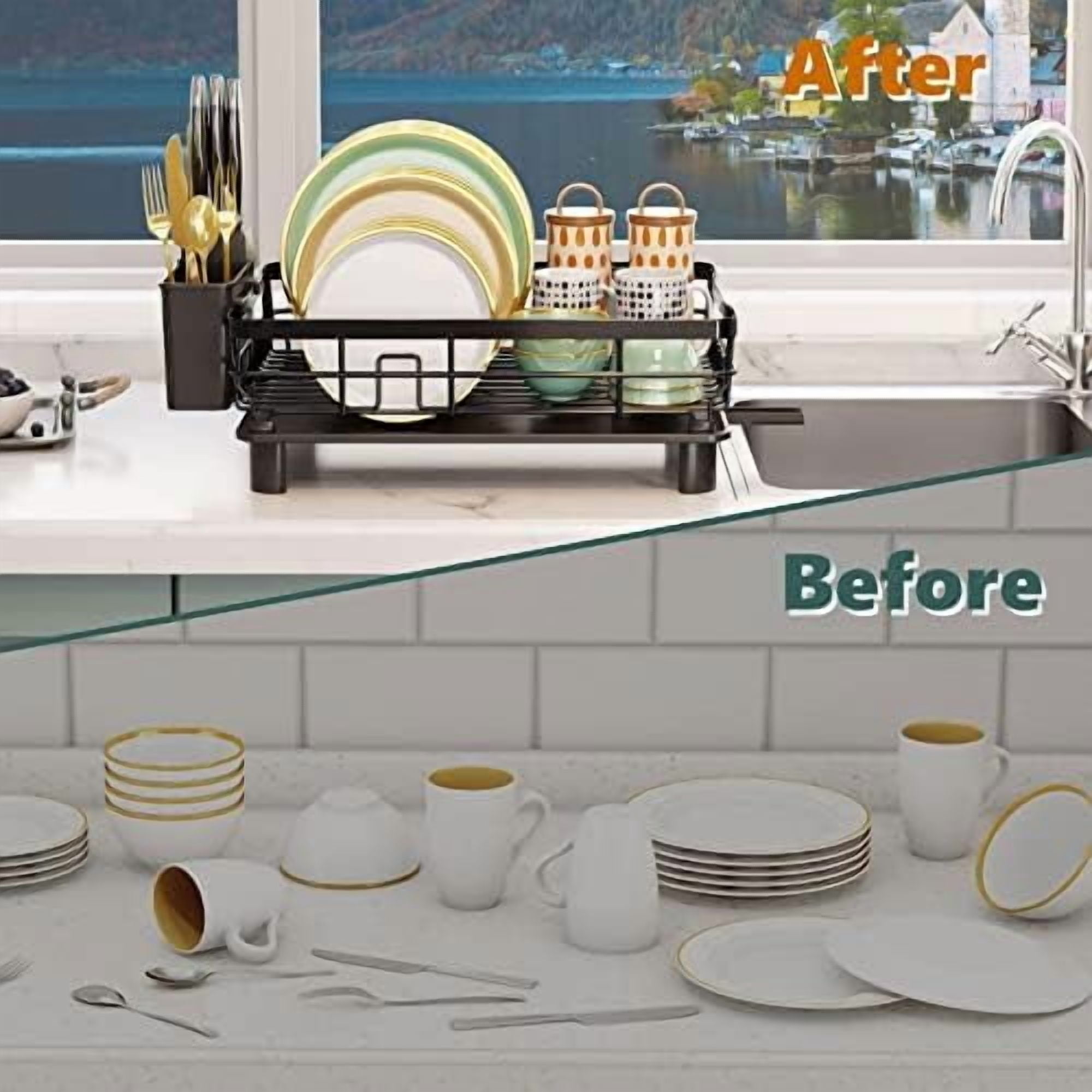 Iron Dish Drying Rack with Drainboard Dish Drainers for Kitchen Counter Extendable Spout Strainers with Utensil Holder and Knife Slots, Black
