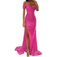 thumbnail image 2 of YMNXA Womens Prom Dress Short Sleeve Sequin Solid Color High Split Floor Length Elegant Low Cut Dresses For Wedding Hot Pink L, 2 of 5