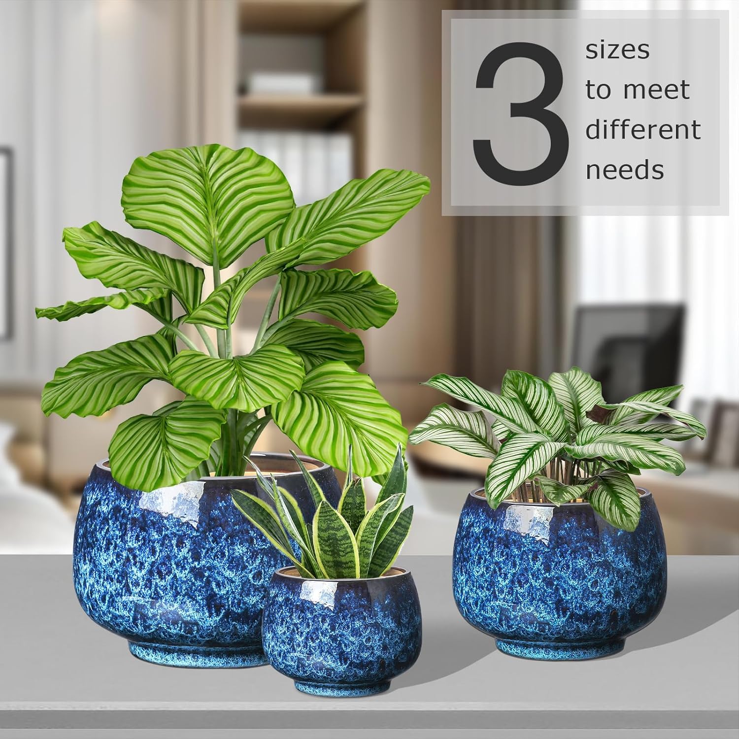 BUYMAX Ceramic Plant Pots , 10+8+6 inch Planters Pots for Indoor Outdoor Plants, Modern Large Flower Pots with Drainage Holes，Flower Pots for Home Garden Decor,Set of 3, Blue