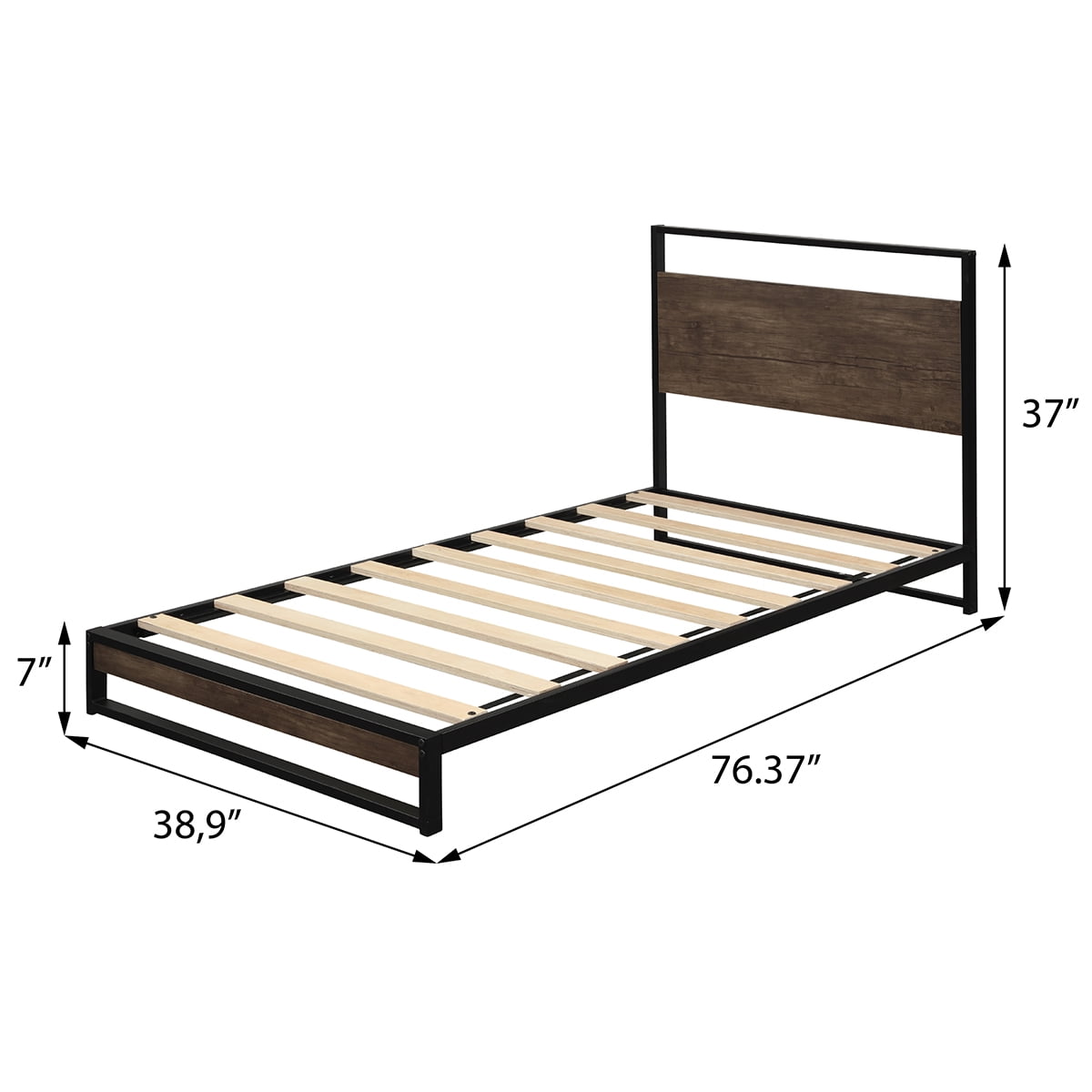 Private Jungle Twin Metal Bed Frame with Wood Slats, Platform Bed with Headboard, Sturdy Metal Frame