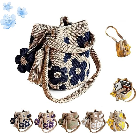 Handmade Crochet Flower Tote, Knit Floral Purse Bag, Boho Woven Beach Handbags Crossbody Shoulder Bag for Women Vacation