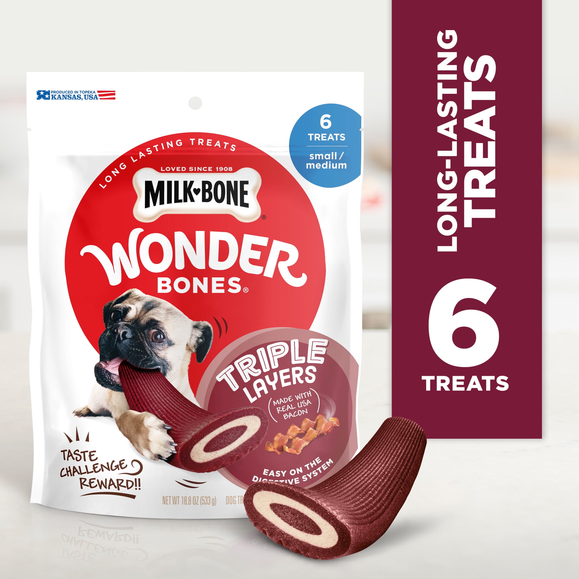 Milk Bone Wonder Bones Triple Layers Long Lasting Dog Treats Made with Real Bacon Small Medium Size 6 Count Walmart