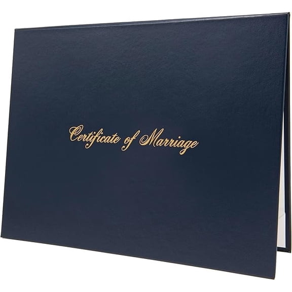Leather Document Cover with a Printed Marriage Certificate Phrase in Metallic Foil, and Personalized Options (Navy Blue)