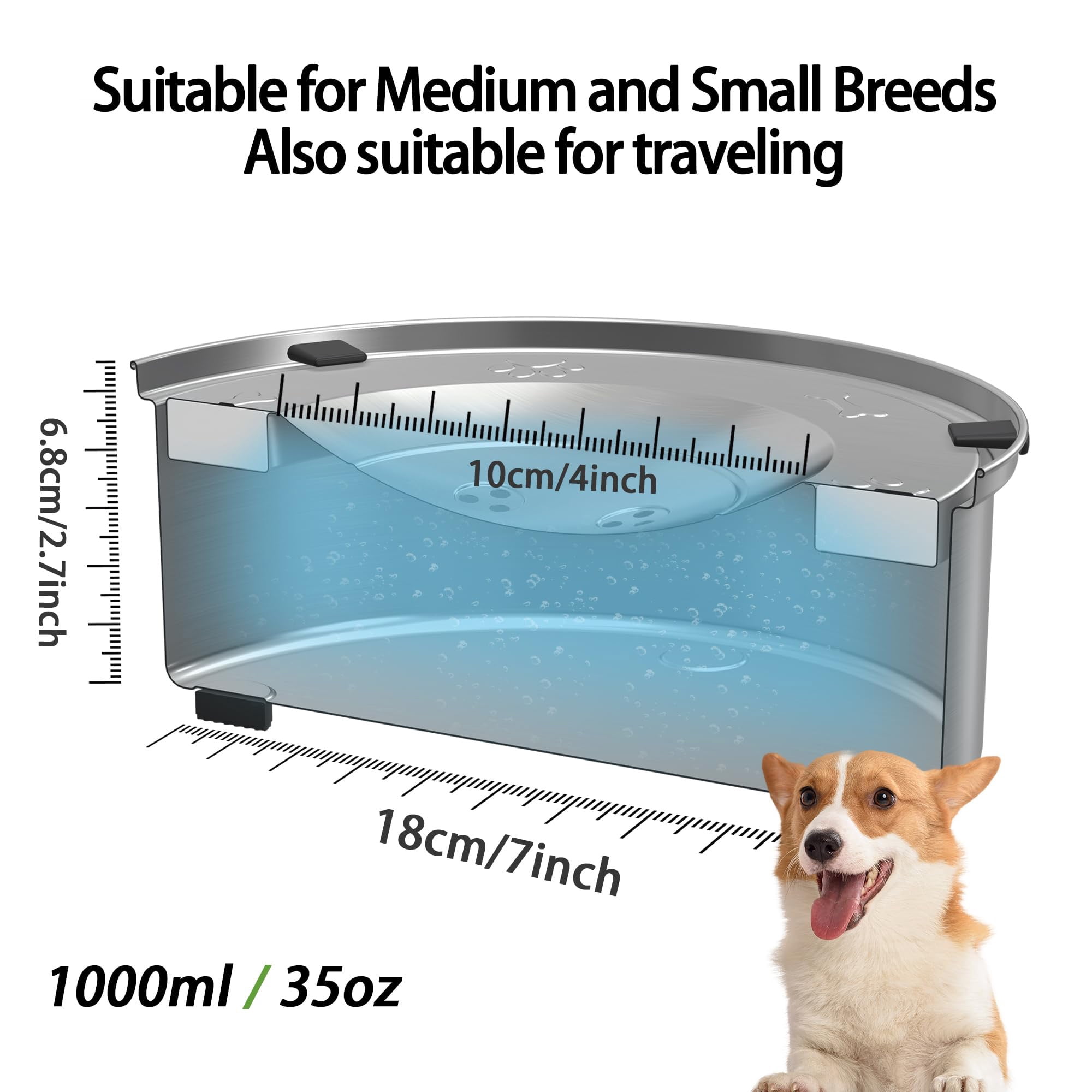 Stainless Steel No Spill Dog Water Bowl, 1L Large Capacity Slow Feeder Splash Pet Drinking Bowl for Dogs Cats, Durable Non Slip Design for Indoor Outdoor Use, Siler