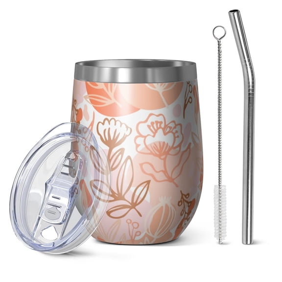 Floral 12oz Stainless Steel Insulated Wine Tumbler with Lid and Straw – Double Wall Vacuum Mug for Hot & Cold Drinks, 304 Steel Interior, Sweat-Free Design,Thanksgiving,Christmas, Spring,Flower