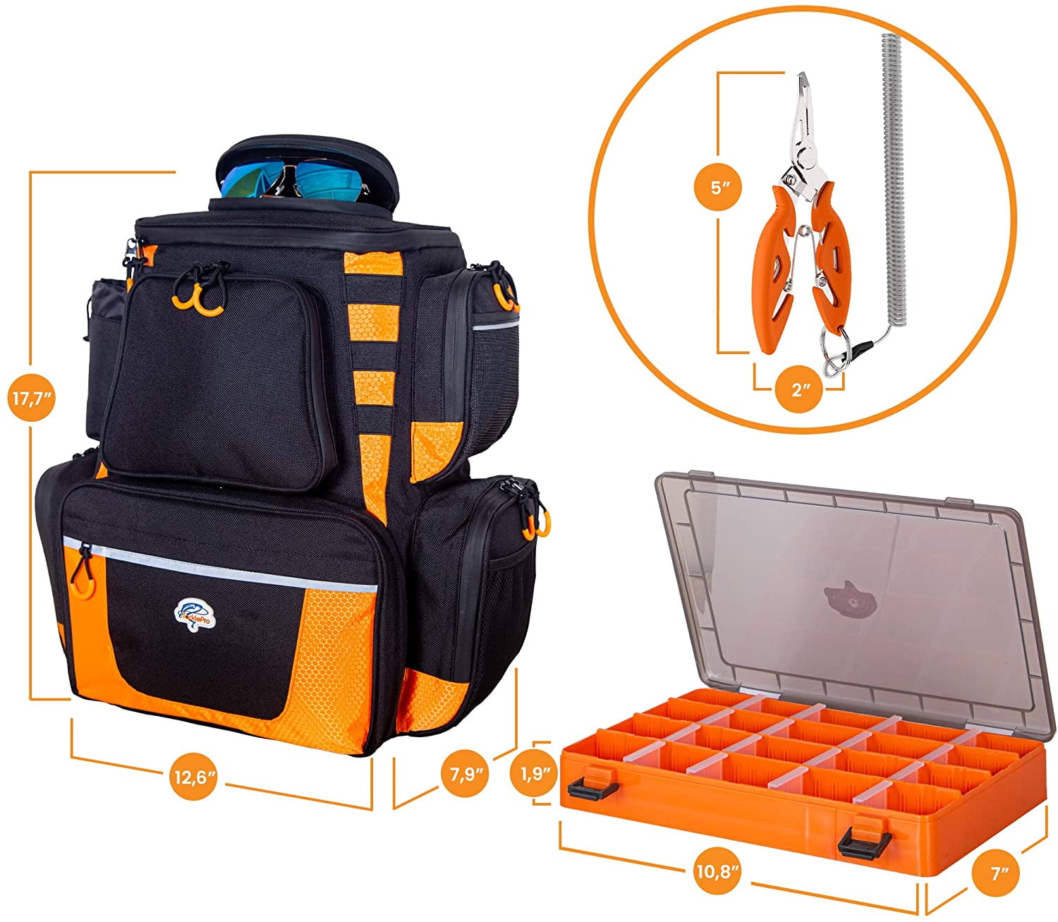 Fishing Backpack Waterproof Tackle Bag with Protective Rain Cover Includes 4 Tackle Boxes Stainless Steel Fishing Pliers and Lanyard - Black Orange