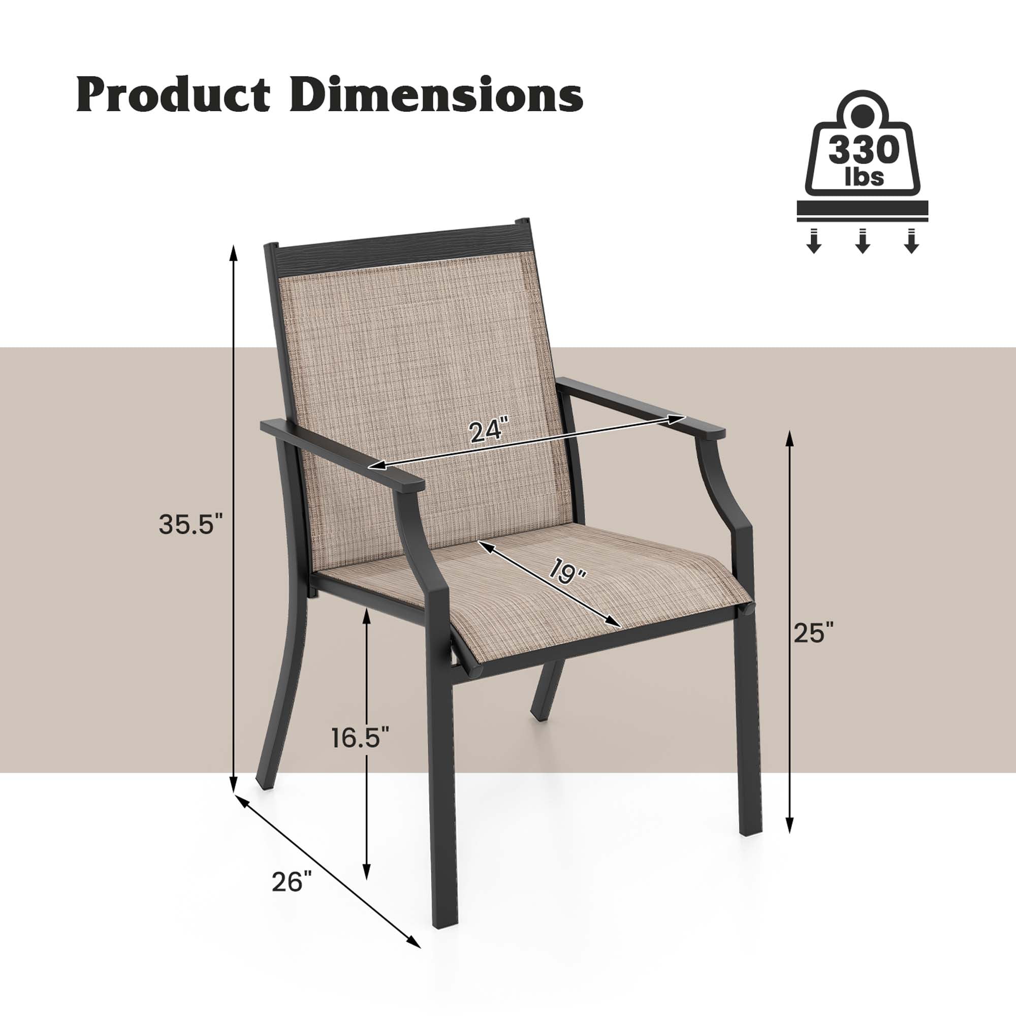 Costway 2 Piece Patio Dining Chairs Large Outdoor Chairs with Breathable Seat & Metal Frame Coffee