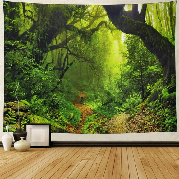 Misty Forest Tapestry Magical Nature Green Tree Wall Tapestry Rainforest Landscape Tapestry Wall Hanging Bohemian Psychedelic Tapestry for Bedroom Living Room Dorm