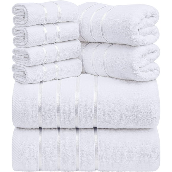 Utopia Towels 8 Piece Luxury Towel Set 2 Bath 2 Hand and 4 Wash Cloths 600 GSM Ring Spun Cotton Highly Absorbent Viscose Stripe Towels Ideal for Everyday use White