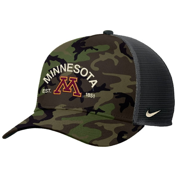 Men's Nike Camo Minnesota Golden Gophers 2025 Military Appreciation Rise Adjustable Trucker Hat
