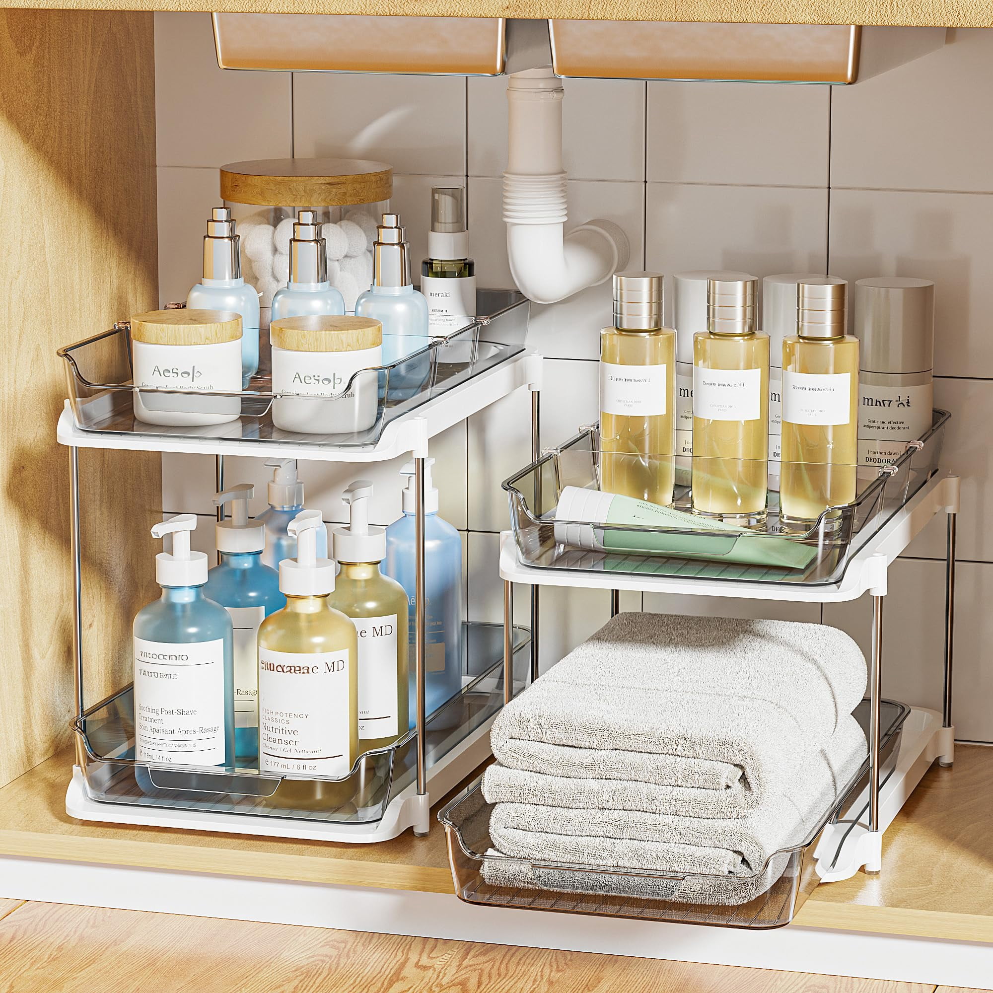 2-tier Multi-purpose Bathroom Under Sink Organizers And Storage  Stackable Kitchen Pantry Organization Pull Out Cabinet Organizer With Movable Dividers Grey 2 Pack