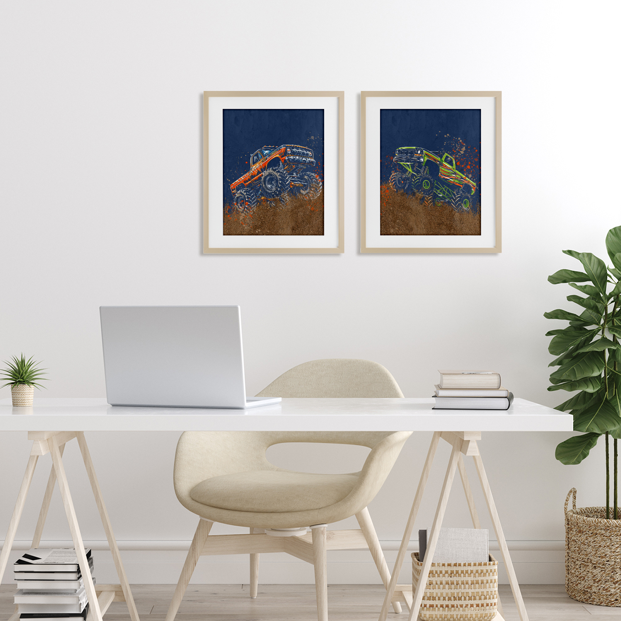 Monster Truck Jam 2 Piece Birch Framed Print Under Glass Set, design by Kim Allen