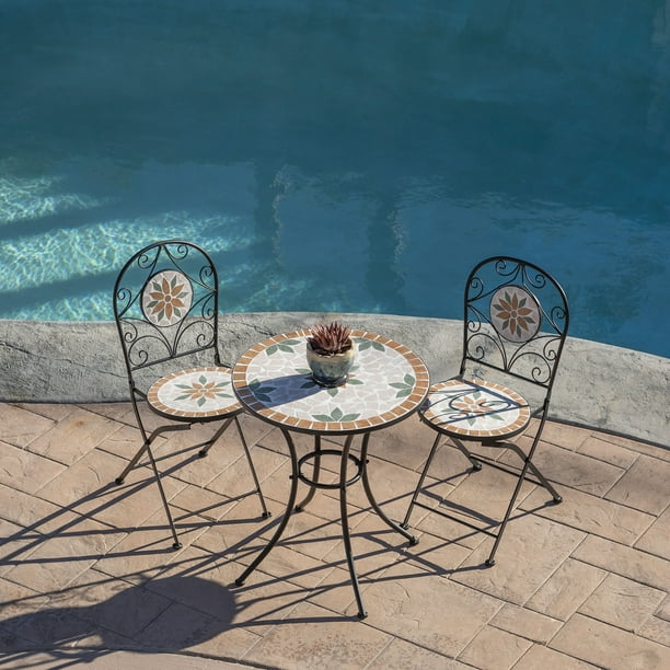 Alpine Corporation 3Piece Iron Mosaic Tile Patio Bistro Set, Light