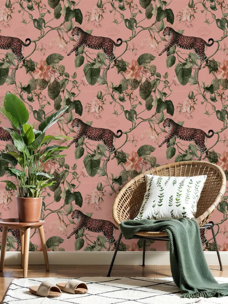 Peel and Stick Wallpaper Leopard Floral Botanical Soft Pink Wall Mural 17.7in x 9.8ft Self Adhesive Removable Wall Paper Renter Friendly Wallpaper for Nursery Bedroom Cabinets