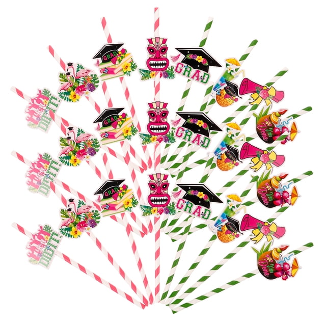 CIMAXIC Party 24Pcs Grad Party Paper Drinking Straws Graduation Party Hawaii Style Striped Straws,7.76"X2.56"X0.31"