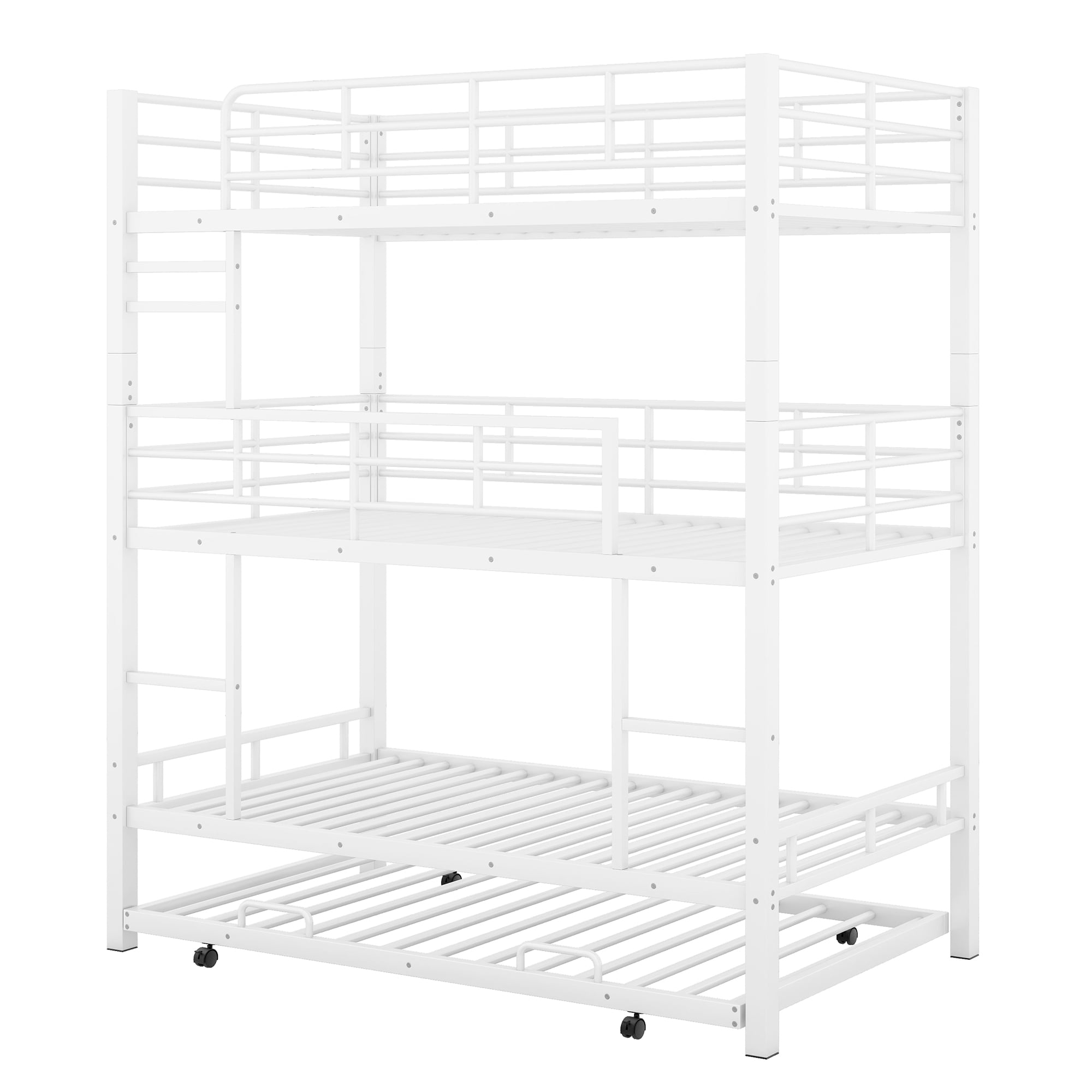 Euroco Metal Twin Triple Bunk Bed with Trundle, Convertible 4 Beds in One Bunk for Kids, White