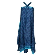 Mogul Ladies Premium Wrap Around Skirt Blue Floral Print Reversible Silk Sari Two Layer Wrap Dress