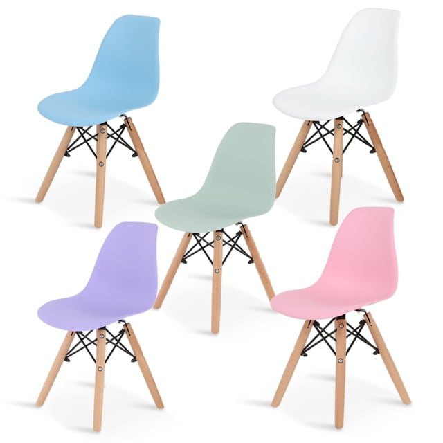 Sillas Infantiles para Niños con Asiento Ergonomico de Plastico y Estructura de Madera Diseño Tipo Eames - Sillas Preescolar Estilo Moderno con Soporte de Acero Set 5 Piezas