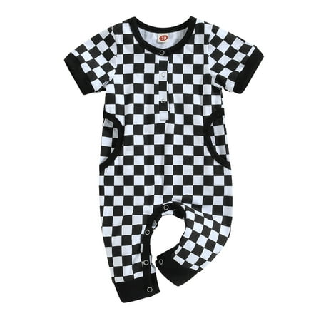 

Newborn Baby Girl Boy Romper Checkerboard Plaid Print Short Sleeve Jumpsuit Bodysuit with Pocket Casual Summer Outfit