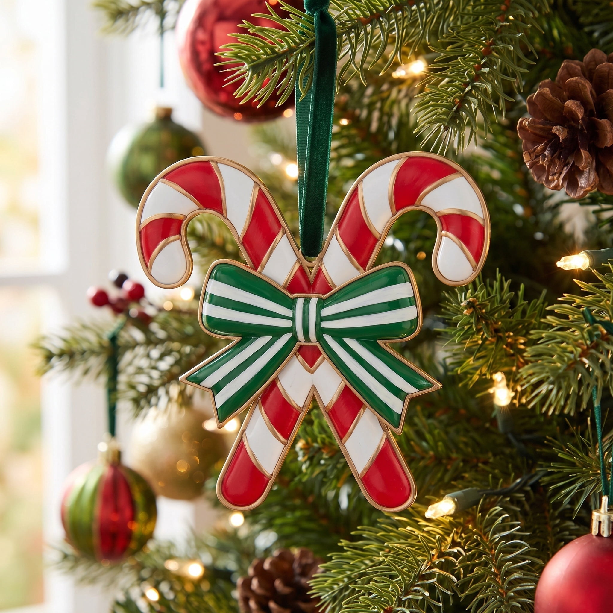 Red, White and Green Candy Cane and Bow Christmas Ornament, 5.5", by Holiday Time