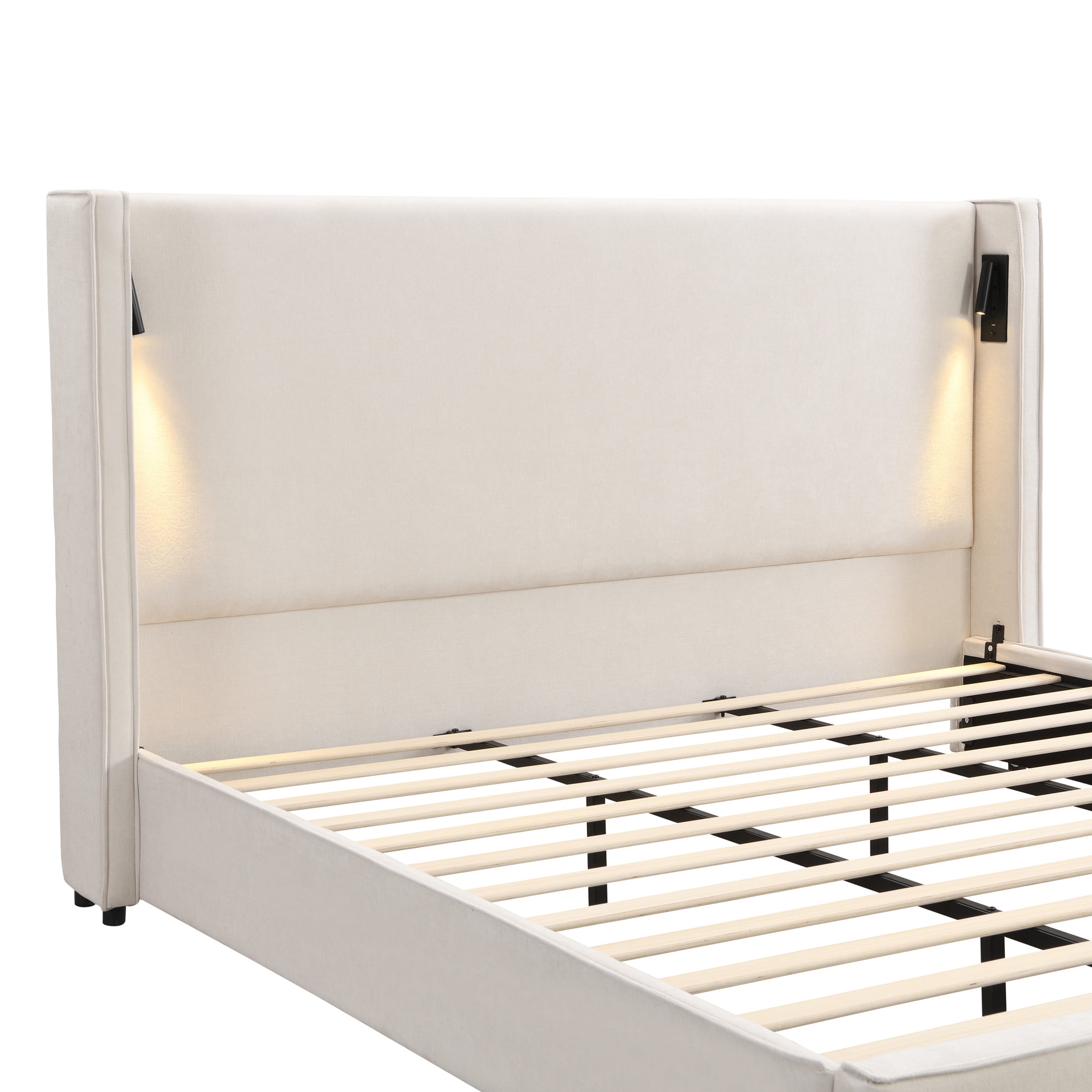 Carys Modern King Boucle Upholstered Bed, Platform Bed with Wingback Headboard, White