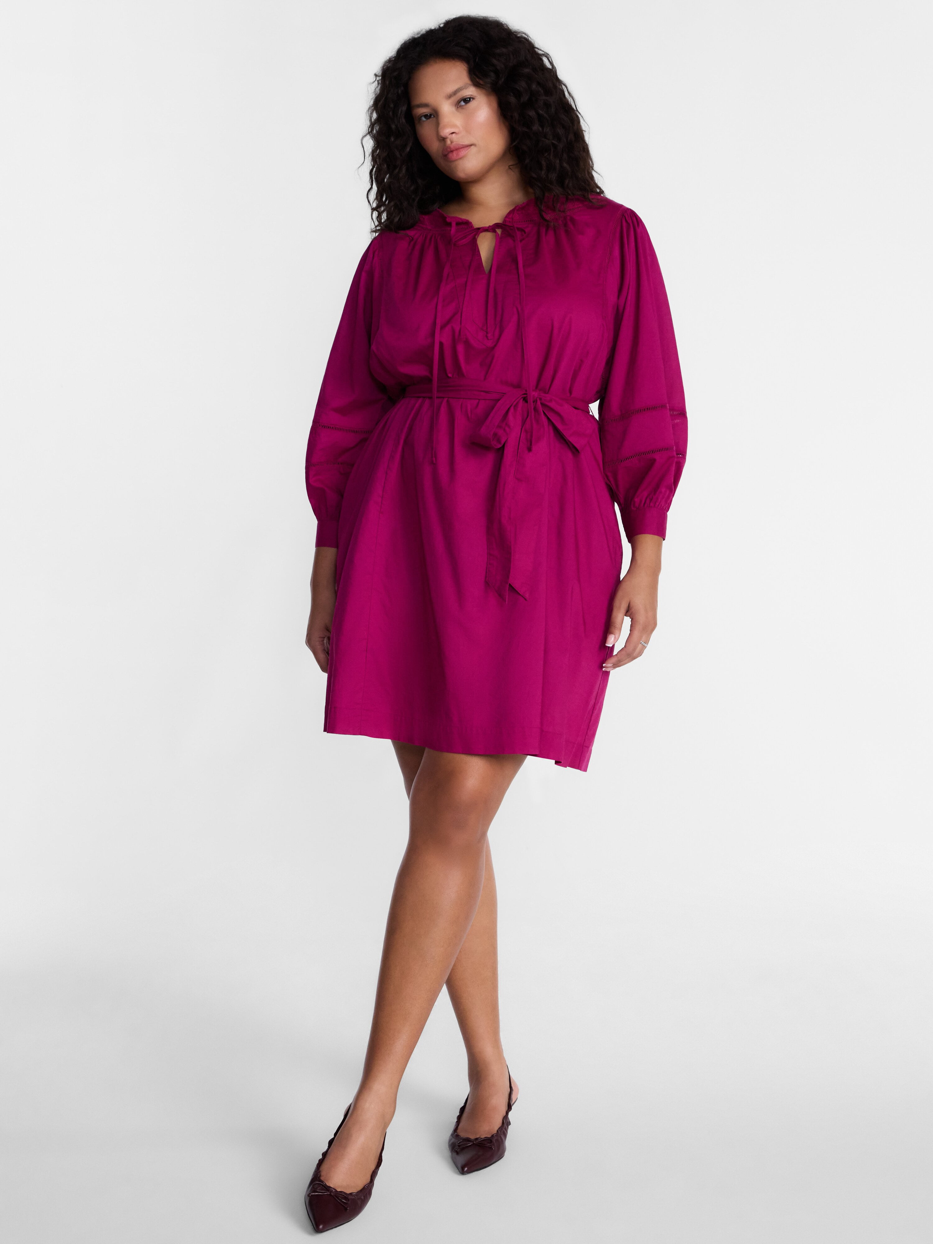 Terra & Sky Women's Plus Geo Eyelet Cotton Mini Dress with Long Sleeves, Sizes 0X-5X