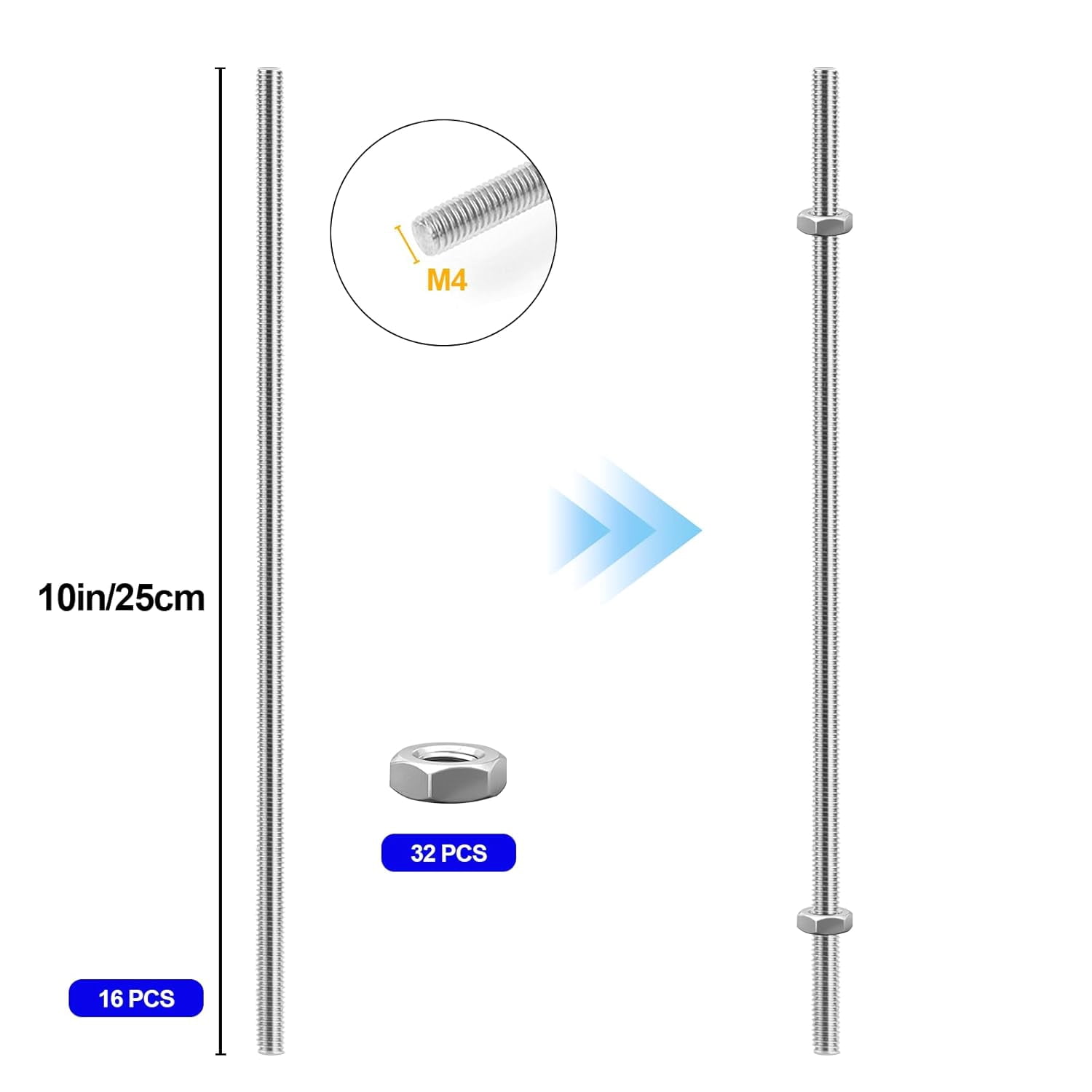 Stainless Steel M4 Threaded Rod with Hex Nuts: 48 Pack, 10 Inch (8/32 Inch), Hangers & Beaded Garden Stake Rods
