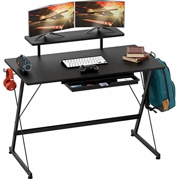 40-Inch Gaming Desk with Monitor Riser, Drawer and Hooks, Black