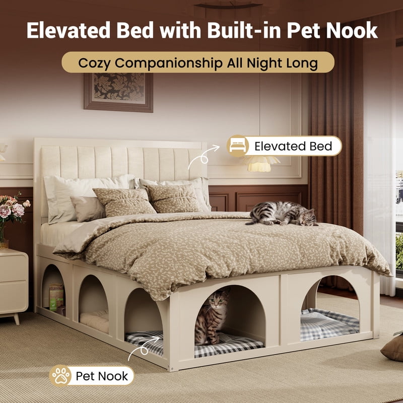 Queen Size Pet-Friendly Platform Bed with Under-Bed Pet Nooks, Heavy Duty Wooden Storage Bed Frame with Padded Headboard