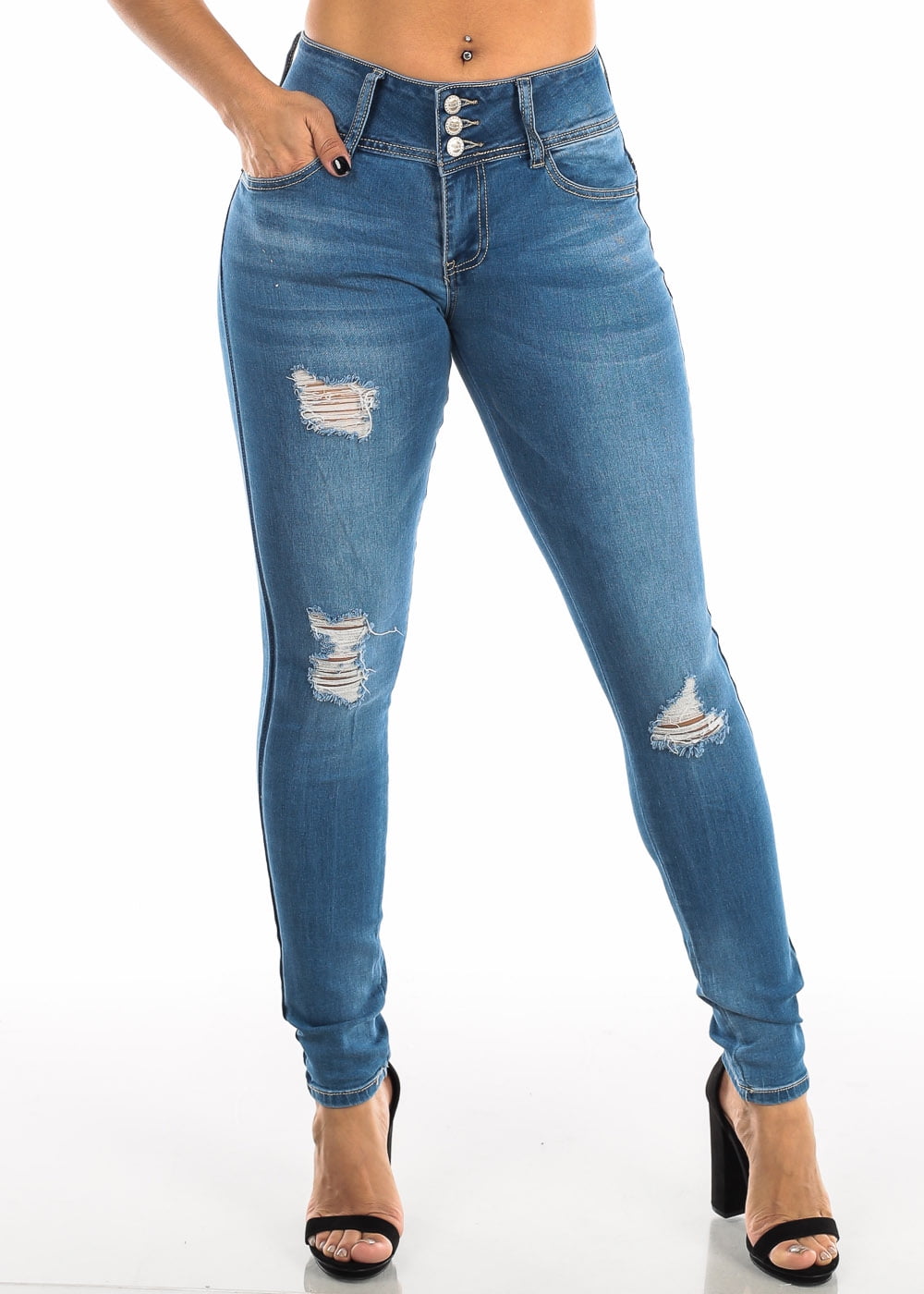 Womens Skinny Jeans BUTT LIFTING Mid Rise Distressed