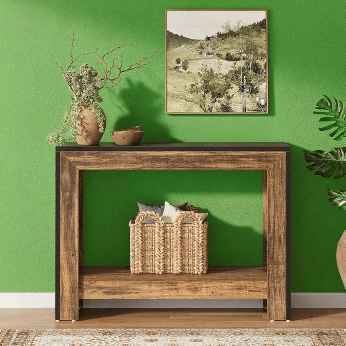41.3" Farmhouse Console Table - Black Finish with Brown Accents, E1 Particleboard, Open Lower Shelf, Versatile for Entryway, Hallway, Living Room, Behind Couch