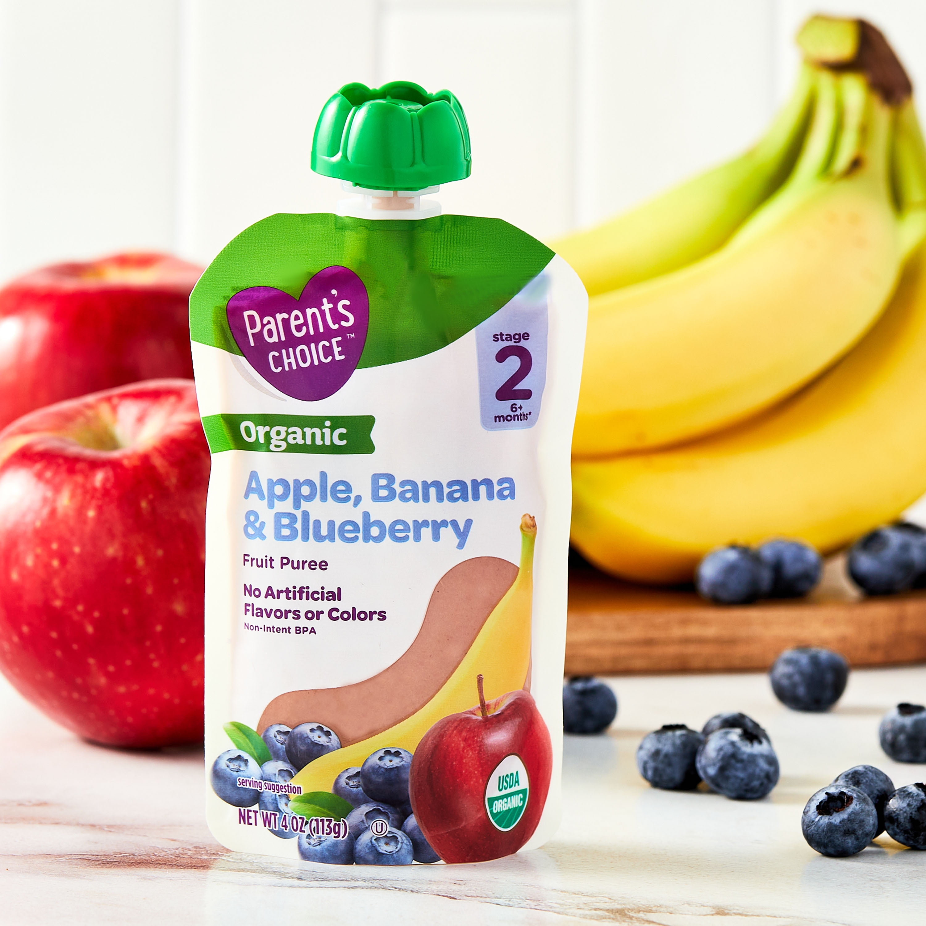 Parent's Choice Organic Stage 2 Baby Food Apple, Banana, and Blueberry Puree, 4 oz Pouch