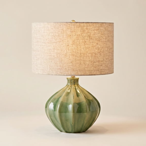 Possini Euro Design Gordy Modern Accent Table Lamp Handcrafted 20 1/2" High Ribbed Green Ceramic Oatmeal Fabric Drum Shade for Bedroom Living Room