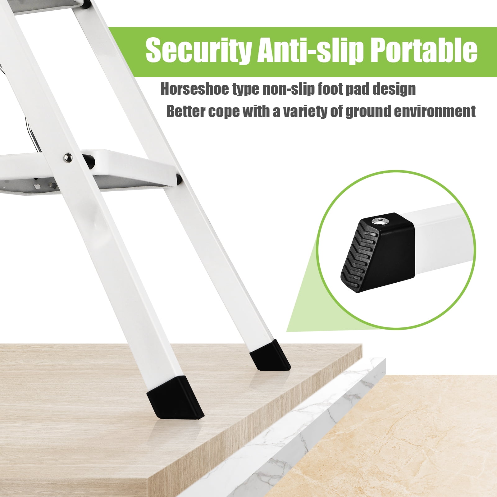 HBTower 3 Step Ladder, Lightweight Folding Step Stools for Adults with Anti-Slip Pedal, Portable Sturdy Steel Ladder with Handrails, Perfect for Kitchen & Household, 330 lbs Capacity, White