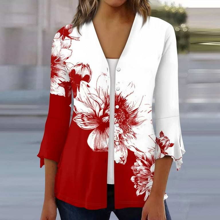GIPQJK Cardigans for Women 3 4 Sleeve Plus Size Kimono and Dusters Lightweight Open Front Shrug Cardigan Ethnic Floral Print Dressy Draped Kimono Cardigan Red S Walmart