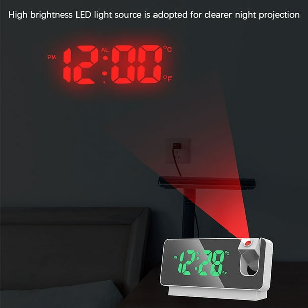 Xihbxyly Reloj de Proyección con Espejo, Proyección Ajustable de 180°, Pantalla Led Grande, Indicador de Temperatura y Humedad, Puerto de Carga Usb, Funcionamiento Silencioso, Ideal para Dormitorio y