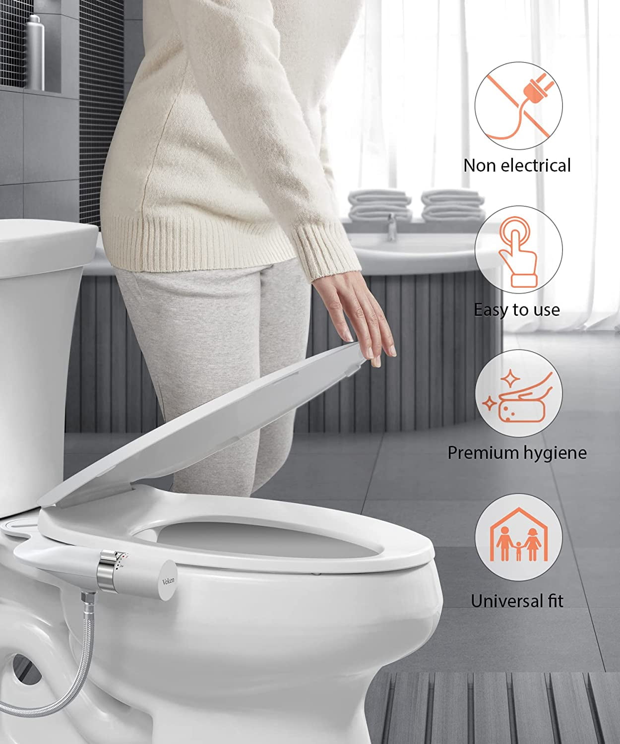 Veken Bidet Fresh Water Ultra-Slim Bidet Toilet Seat Attachment with Brass Inlet for Posterior & Feminine Wash