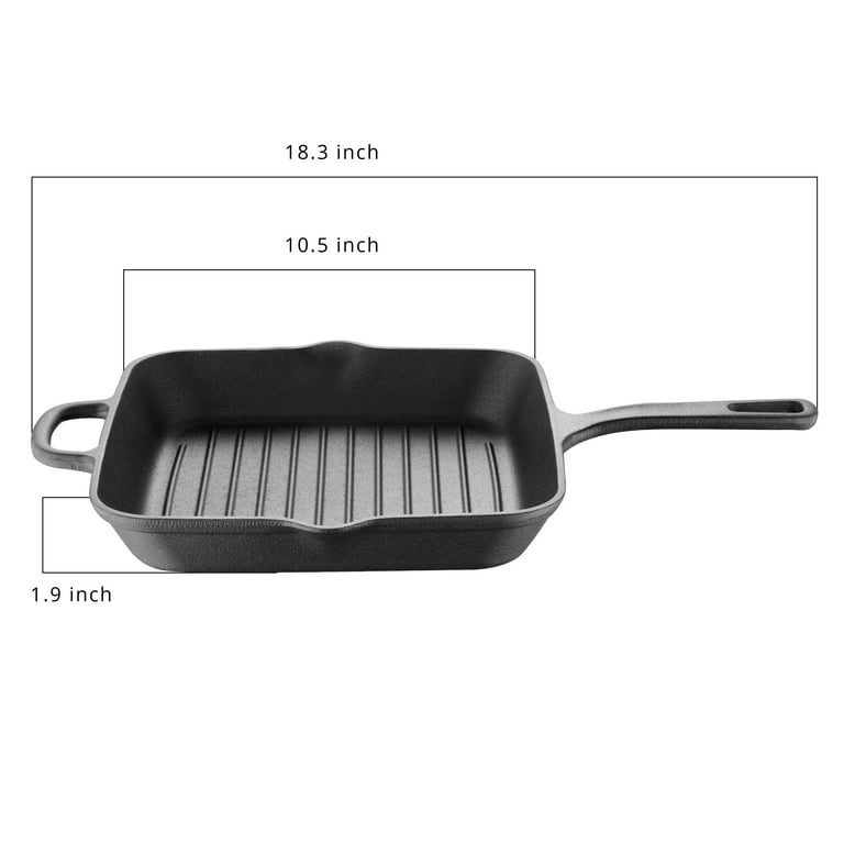 Bruntmor 10 Square Cast Iron Grill Pan Steak Pan Pre Seasoned Grill Pan  with Easy Grease Drain Spout, with Large Loop Handles for Grilling Bacon