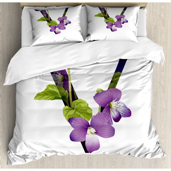 Letter V Queen Size Duvet Cover Set, Viola Sororia Wildflowers on the V Natural Arrangement Floral Initial, Decorative 3 Piece Bedding Set with 2 Pillow Shams, Violet Green Black, by Ambesonne
