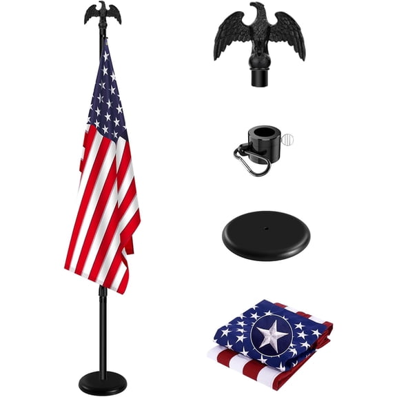Indoor Flag Pole Kit with Base 6FT-8FT,Aluminum Commercial Indoor Flagpole & 360° Rotating Anti Wrap Ring,Adjustable Heavy Duty Flag Pole Kit for Office School with Black Eagle Topper (1Pack)