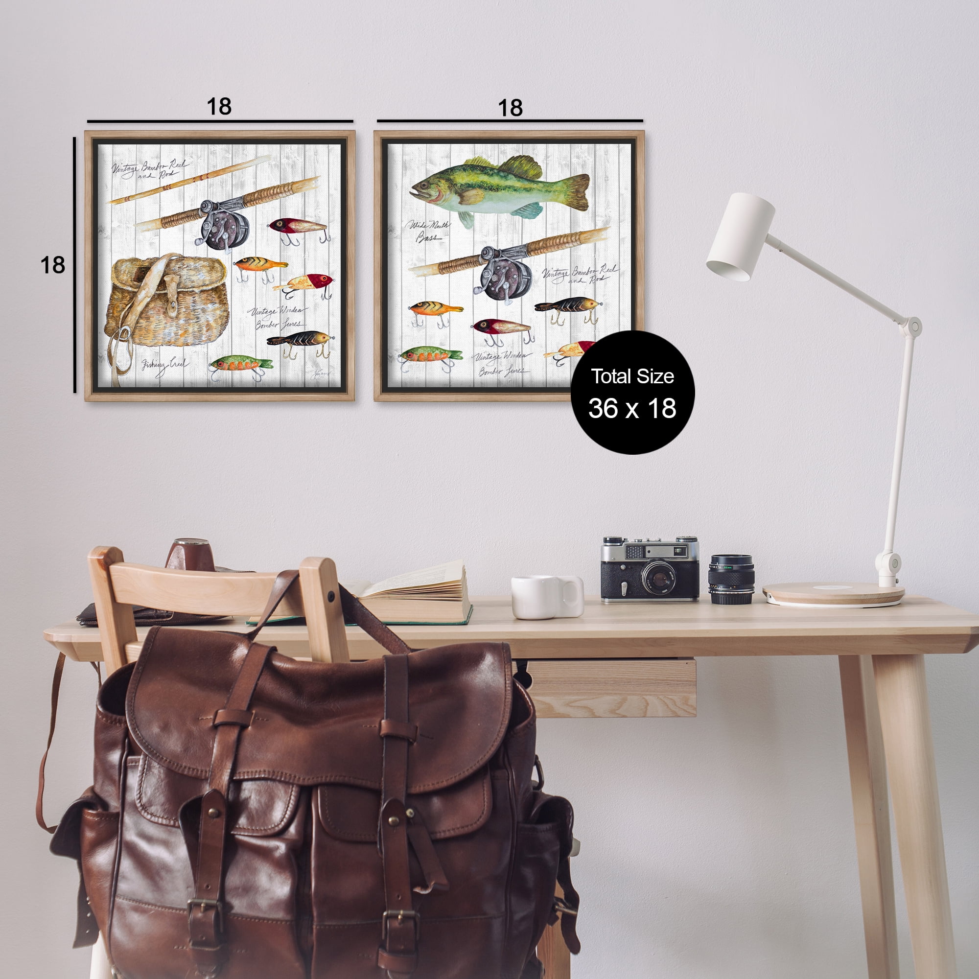 Stupell Industries Vintage Fishing Gear Sports Painting Brown Floater Framed Canvas Art Print Wall Art, 18 x 18, Set of 2