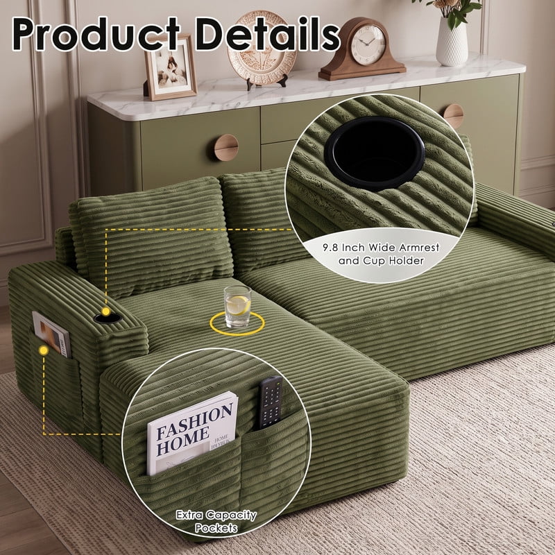Anpport 104" Boneless Cloud Modular Sectional Couch, Corduroy Sofa with Cup Holders, Side Pockets, Deep Seat, No Assembly Required for Living Room, Green (L‑Shaped, Left Facing Chaise)