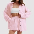 thumbnail image 4 of 2 Piece Linen Outfits for Women Fall Spring Long Sleeve Button Up Shirt and Elastic Waist Shorts Set Travel Clothes (M, Pink), 4 of 7
