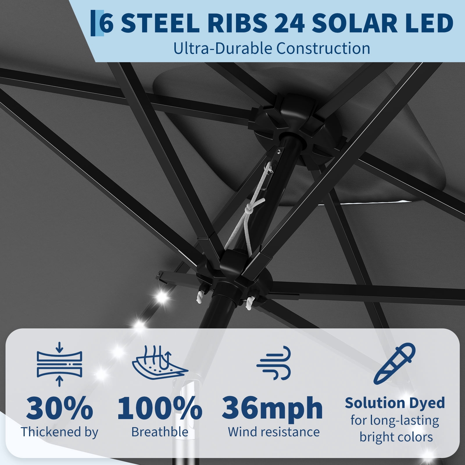 Memoryfield 10' x 6.5' Solar Rectangular Patio Umbrella with LED Lights, Outdoor Market Umbrella, 6-Rib Table Umbrella for Garden, Deck & Lawn, Gray